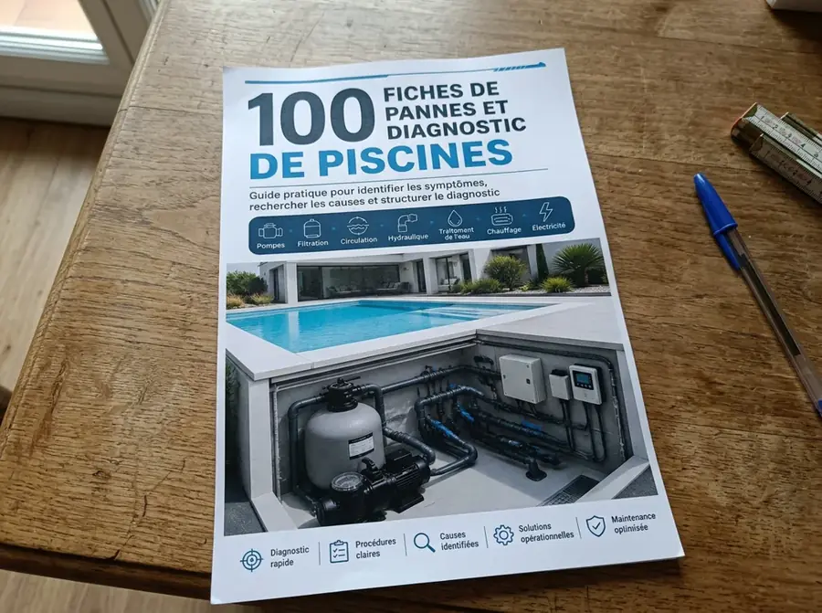 Technicien français consultant les fiches de diagnostic pendant l’entretien d’une piscine